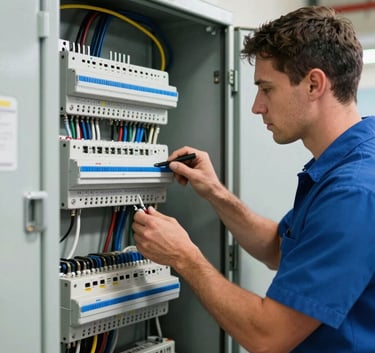 A professional electrician in a clean North American / US (Florida) uniform working on an electrical panel. The panel is organized with precision. Bright, airy lighting with electric blue accents.