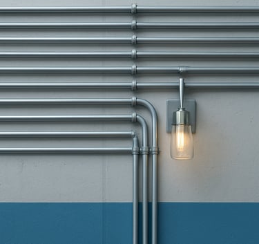 Industrial-style wall featuring perfectly parallel silver conduit pipes and a modern light fixture. The composition is structured and grid-based. Light gray and electric blue color palette.