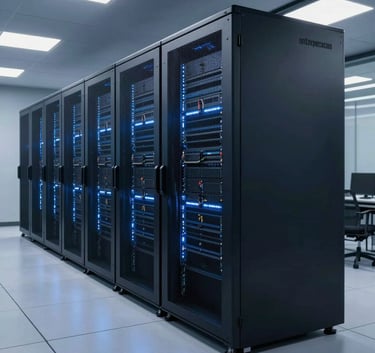 A sleek, modern North American server room with cool deep navy lighting, glowing server racks, and a polished floor. Wide-angle professional photography emphasizing cutting-edge technology and scale.