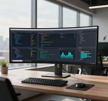 A high-end, clean workspace in a US tech hub office. A wide curved monitor displays complex code and analytics charts. Soft sunlight filters through floor-to-ceiling windows. Professional, minimalist composition.