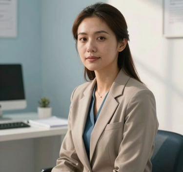 A professional psychologist sitting in a bright, modern North American clinic office, looking empathetically toward the camera. The lighting is warm and natural, with a background featuring soft slate blue walls and clean white accents.