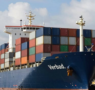 A massive shipping container vessel docked at a modern West African / Ghanaian port, under a bright sky with soft sky blue and cloud white clouds, showing high-end international logistics.