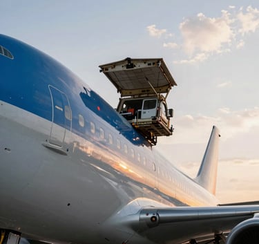 A large cargo airplane being loaded at dawn, with steel blue and cloud white highlights reflecting off the fuselage, professional logistics aesthetic.