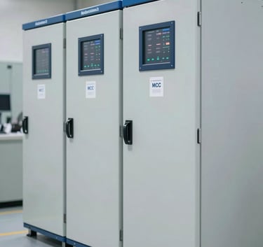 A row of high-quality Motor Control Centers (MCC) in a structured facility. The image emphasizes the scale and precision of Al Qudrah's manufacturing capabilities. Modern, clean aesthetic with #2E5D8B accents.