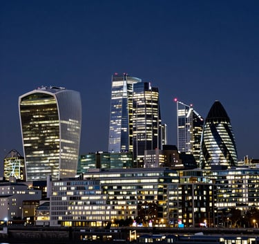A wide-angle shot of the London financial district skyline at dusk, highlighting the Shard and Gherkin with deep navy sky and off-white building lights.