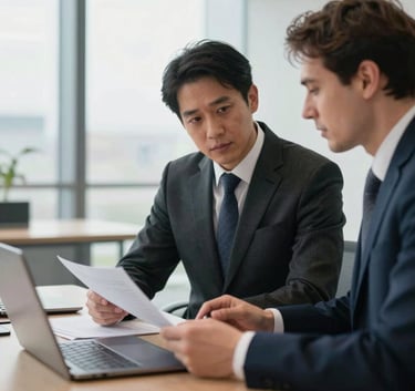 A professional business consultation taking place in a bright, modern Ilford office. Two people in formal British business attire discussing documents, natural lighting, sophisticated atmosphere.