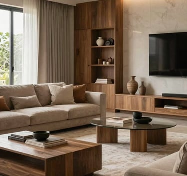 Lifestyle photography of a modern living room in a sophisticated South American / Brazilian home. Elegant furniture in warm sand and muted taupe tones under soft, natural lighting. Atmosphere of quality and trust.