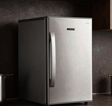Professional photography of a high-end stainless steel kitchen appliance on a dark cocoa stone countertop in a contemporary South American / Brazilian kitchen. Sophisticated and sleek design.