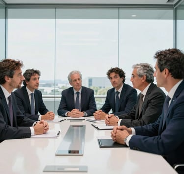 A group of Spanish / European executives in professional attire meeting in a modern glass boardroom, discussing energy transition strategies, daytime natural light, clean navy and white environment.