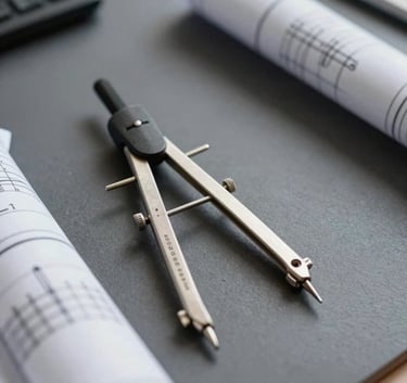 A macro photograph of technical blueprints and a precision compass on a charcoal gray desk, symbolizing engineering expertise and attention to detail, professional European office setting.