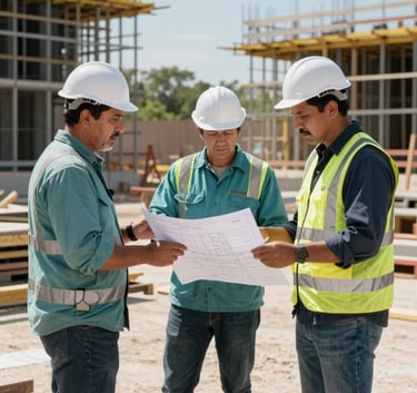Professional photography of a construction team reviewing blueprints on a sunny day at a site in the North American / Mexican / Yucatán region. The scene is clean and orderly, reflecting precision and modern project management, with workers wearing safety gear in muted teal and dark slate.