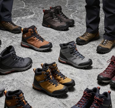 A clean, modern grid-style product shot of professional hiking boots and waterproof apparel arranged on a grey stone surface with sharp, professional lighting. Global / Western professional aesthetic.