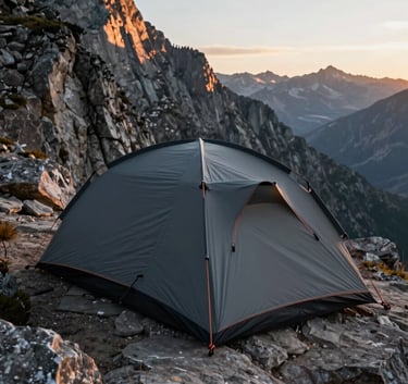 A high-impact photography shot of professional mountain tents pitched on a rugged cliffside at dawn, with dramatic sunlight hitting the peaks. The composition is sleek and modern, highlighting the high-quality fabric and robust construction. Global / Western style.