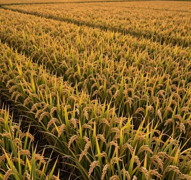 An expansive wide-angle shot of a golden rice paddy field in South Asian / Indian countryside during the harvest season. The sun is low, casting a warm light over the landscape. The scene communicates abundance and high-quality sourcing for agricultural exports.