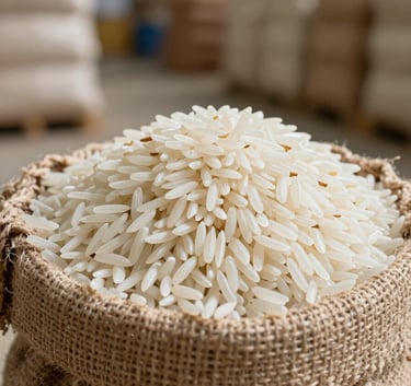 A professional close-up photograph of a burlap sack overflowing with premium, long-grain white Basmati rice. The lighting is bright and clean, emphasizing the quality of the grains. In the soft-focus background, a South Asian / Indian agricultural warehouse setting is visible, suggesting export readiness.