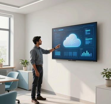 A modern office space in Pune, India, showing a professional South Asian man pointing at a digital cloud interface on a large wall monitor. Bright natural light floods the room, which is decorated with minimalist furniture in shades of pale blue and off-white.