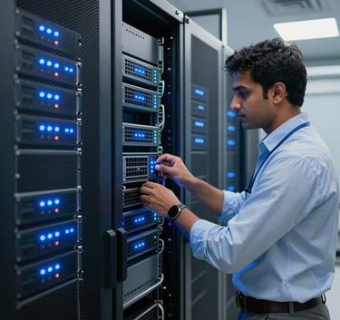 A high-tech server room with glowing bright blue LED indicators on rows of server cabinets. A South Asian IT technician in professional business-casual attire is inspecting a hardware rack. The lighting is clean and modern, highlighting a sense of cutting-edge technology.