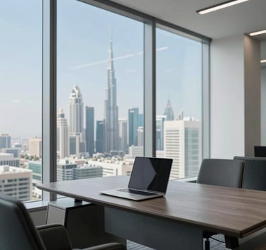A high-end, modern office interior in Dubai with floor-to-ceiling windows overlooking a cityscape, featuring a clean desk with a minimalist laptop, professional lighting, and a sophisticated atmosphere in shades of sky blue and slate gray.