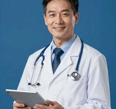 A professional doctor wearing a white coat and a stethoscope, smiling with calm reliability. The doctor is holding a tablet. Studio lighting, soft shadows, incorporating the brand colors #1E5C6B and #EEF8F7 in the background and clothing accents.