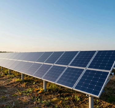 High-tech solar farm in a vast field at sunrise, professional wide-angle shot, clean blue sky, the solar panels reflecting the morning light, modern and reliable aesthetic using tones of #0A1C2C and #8ECFC4.
