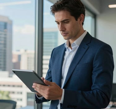 A professional IT consultant in a modern Atlanta office, wearing a dark blue suit, looking thoughtfully at a tablet with soft sky blue reflections on the glass.