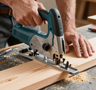 Close-up action shot of a male builder's hands using a professional saw to cut premium cedar planks, with sawdust in the air and slate gray tools visible in the background.