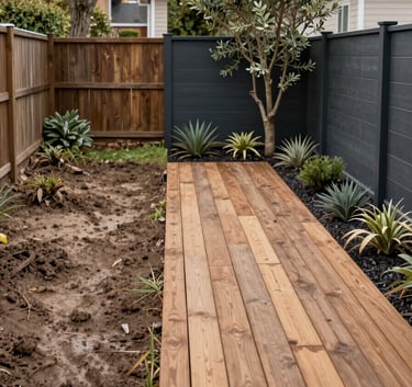 A split-screen before and after shot of a backyard. The left shows a muddy, empty yard; the right shows a stunning finished timber deck with muted olive landscaping and dark charcoal modern fencing.