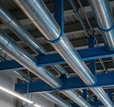 Professional photograph of complex HVAC ventilation systems installed in the ceiling of a modern industrial space in Europe / France. Precise steel blue ductwork with sophisticated lighting.