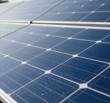 Detailed close-up of a high-tech photovoltaic solar panel array. The blue crystalline structure of the cells is sharp and clear, reflecting a bright, clean sky. Professional photography showcasing clean energy technology.