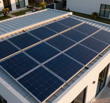 A stunning high-angle shot of a modern sustainable home in a Global Hispanic region featuring integrated solar panels on its sleek roof. The scene is bathed in golden hour light, highlighting the deep navy blue glass of the panels and the pearl white walls.