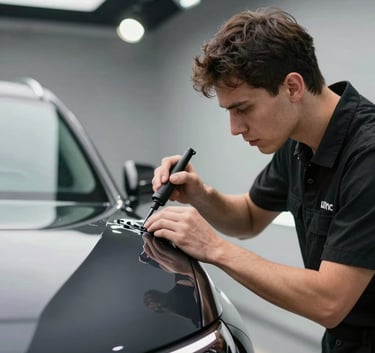 A professional male detailer in a black workshop uniform applying ceramic coating to a deep charcoal vehicle, soft bokeh of detailing lights, International / Global.