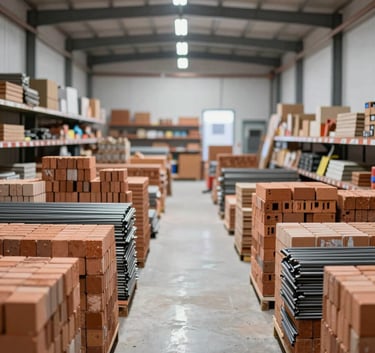 Wide-angle interior view of a modern, organized construction material store with neatly stacked bricks and steel rods, professional lighting, reflecting reliability and scale.