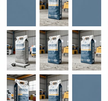 A collage of professional construction tools and high-grade cement bags on a clean warehouse floor, modern industrial photography style, incorporating #263238 and #90A4AE colors.