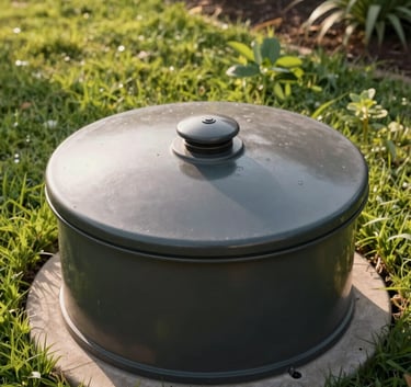 A high-angle, clean shot of a well-maintained septic tank riser lid surrounded by lush green lawn and garden plants in a North American backyard. Soft afternoon sunlight.