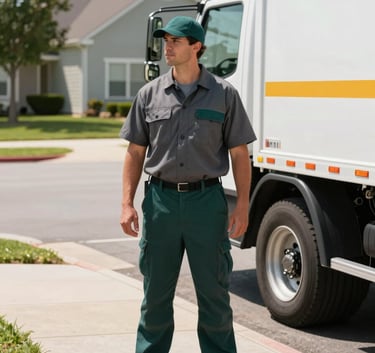 A professional septic technician in a clean charcoal gray and dark teal uniform standing next to a modern service truck in a sunny North American residential neighborhood. The scene is bright and highlights cleanliness and professionalism.