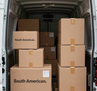 Inside a clean cargo hold of a delivery vehicle, organized boxes secured for transport, soft lighting, professional South American logistics environment.