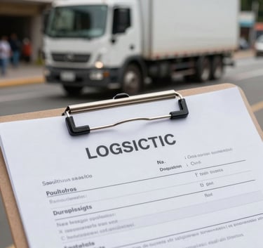 A close up of a professional logistics manifest on a clipboard with a blurry image of a white truck in a South American city in the background, daylight, clean and efficient atmosphere.