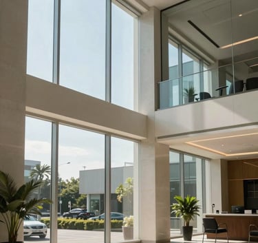 A sophisticated corporate lobby in a South American business center, sunlight streaming through floor-to-ceiling glass windows, featuring soft light blue and off-white tones, professional photography style.