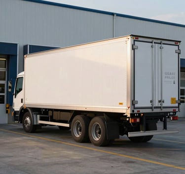 A clean, modern white reefer truck trailer parked at a logistics loading dock in a North American industrial park during the late afternoon, with soft golden lighting and steel blue accents.