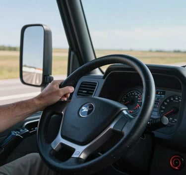A close-up photograph of a professional driver's hand on a semi-truck steering wheel, driving on a vast North American highway under a clear blue sky, emphasizing reliability and control, using deep navy and steel blue tones.