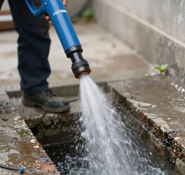 A high-pressure water jetting machine being used to clear a residential sewer line, dynamic water movement, professional and efficient atmosphere, brand colors #347BBF and #E07A5F subtly present.
