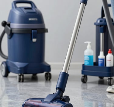 High-end professional cleaning equipment, including a sleek vacuum and organized supplies, arranged on a polished grey floor with reflections of light, incorporating the brand's blue palette (#3F6C7D) for a look of absolute excellence.