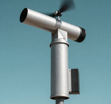 A close-up shot of a high-precision silver anemometer spinning against a clear turquoise sky in a South Pacific coastal setting, professional gear, crisp focus.