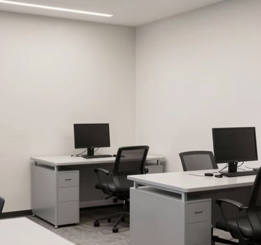 A clean, modern North American / US corporate office interior featuring soft off-white walls and silver grey furniture, professional and efficient atmosphere.