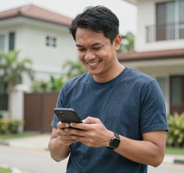 A smiling Southeast Asian / Malaysian person in casual attire looking at their phone with a look of relief and happiness, standing in a bright outdoor residential area in Malaysia.