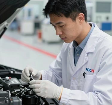 A professional quality inspector wearing white gloves and a branded uniform, meticulously examining automotive components. The setting is a clean, bright industrial facility (#F9F9F9) with crimson safety lines (#A5002C) on the floor.