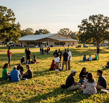 A wide-angle landscape photograph of a community event in a green park in North Tulsa, Oklahoma. People are gathered in conversation with a modern community center in the background. The scene is bathed in warm afternoon sunlight, symbolizing unity and progress. Touches of goldenrod and green appear in the natural environment and local attire.