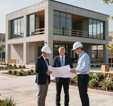 A clean, professional photograph of a new business development site in North Tulsa, Oklahoma. Architects and local leaders are reviewing blueprints together in front of a modern structure under construction. The lighting is crisp and clear morning light. The setting is urban and professional, featuring green landscaping.