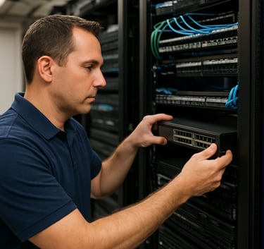 A technician in a professional polo shirt installing networking equipment in a clean, organized server room within a North American business facility.