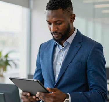 A West African / Nigerian professional in a sophisticated modern office, using a high-tech tablet for logistics and trade tracking. The setting is bright and professional with strong blue accents.
